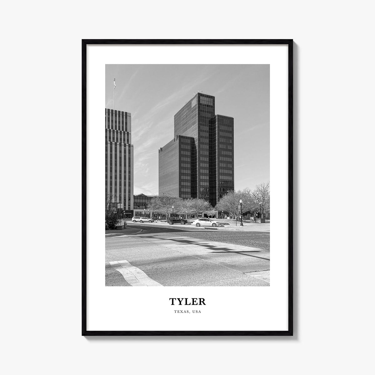 Tyler black & white classic poster of Texas, USA – vertical wall art, unframed print shown in interior mockup