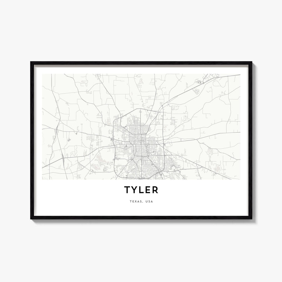 Tyler black & white map poster of Texas, USA – horizontal wall art, unframed print shown in interior mockup