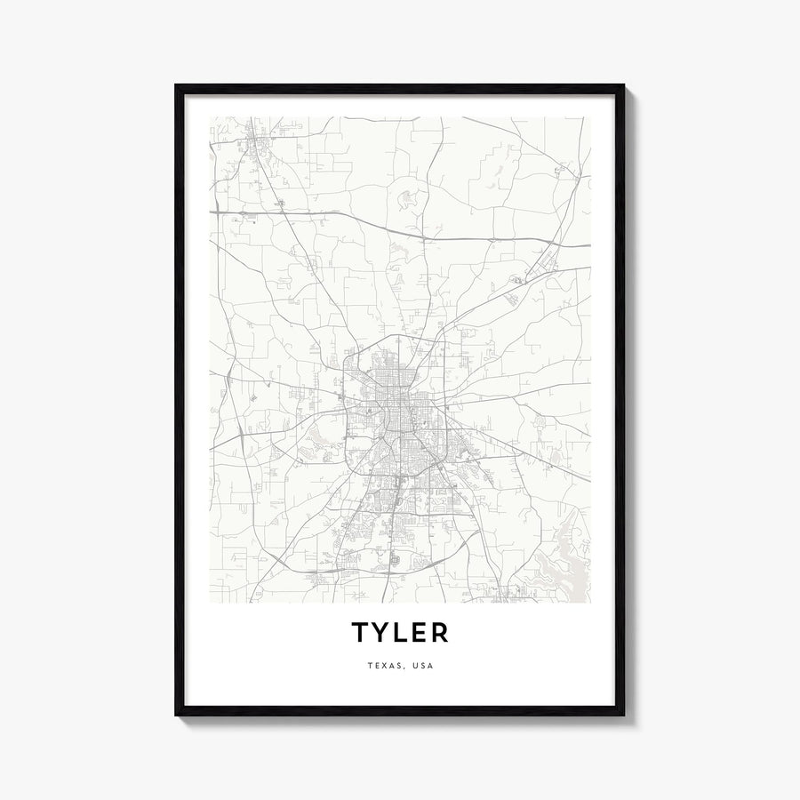 Tyler black & white map poster of Texas, USA – vertical wall art, unframed print shown in interior mockup