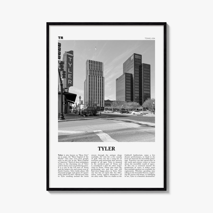 Tyler black & white newspaper poster of Texas, USA – vertical wall art, unframed print shown in interior mockup