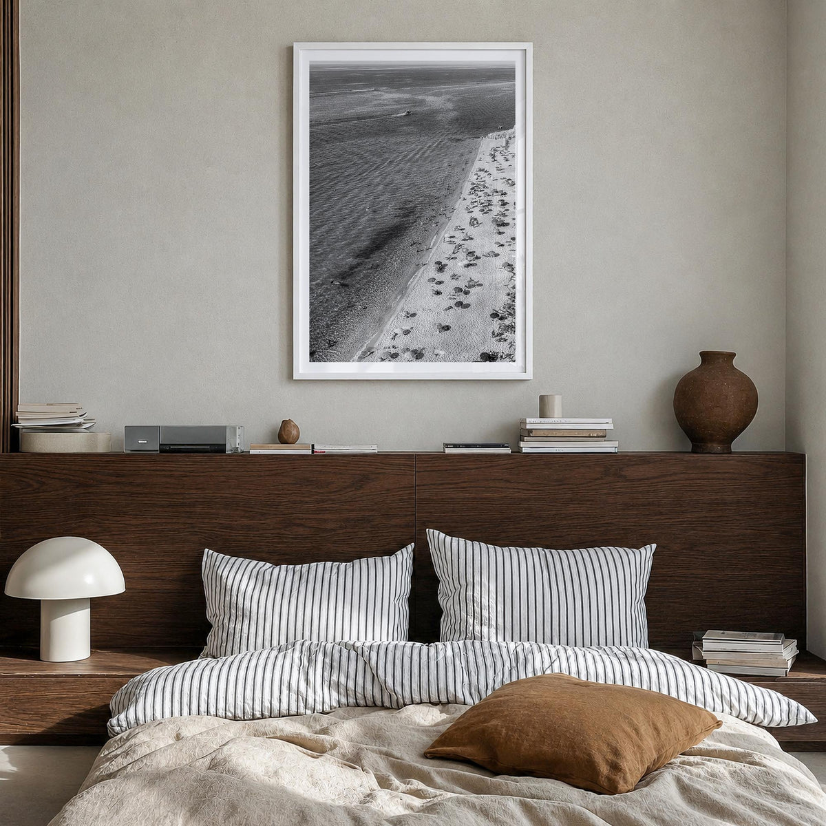 Tyrrhenian Sea no. 1 black & white photo poster of Italy – vertical wall art in white wood frame with white border, hanging o
