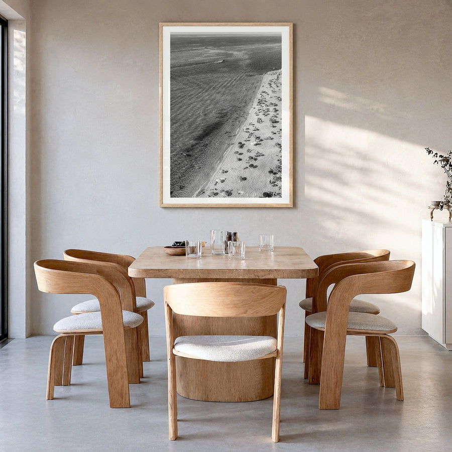 Tyrrhenian Sea Photo No 1 Poster in a natural wood frame, hanging in a dining room, white border