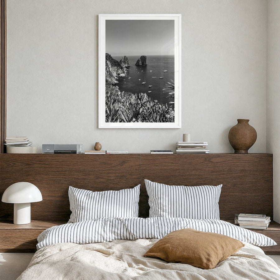 Tyrrhenian Sea Photo No 2 Poster in a white wood frame, hanging in a bedroom, white border