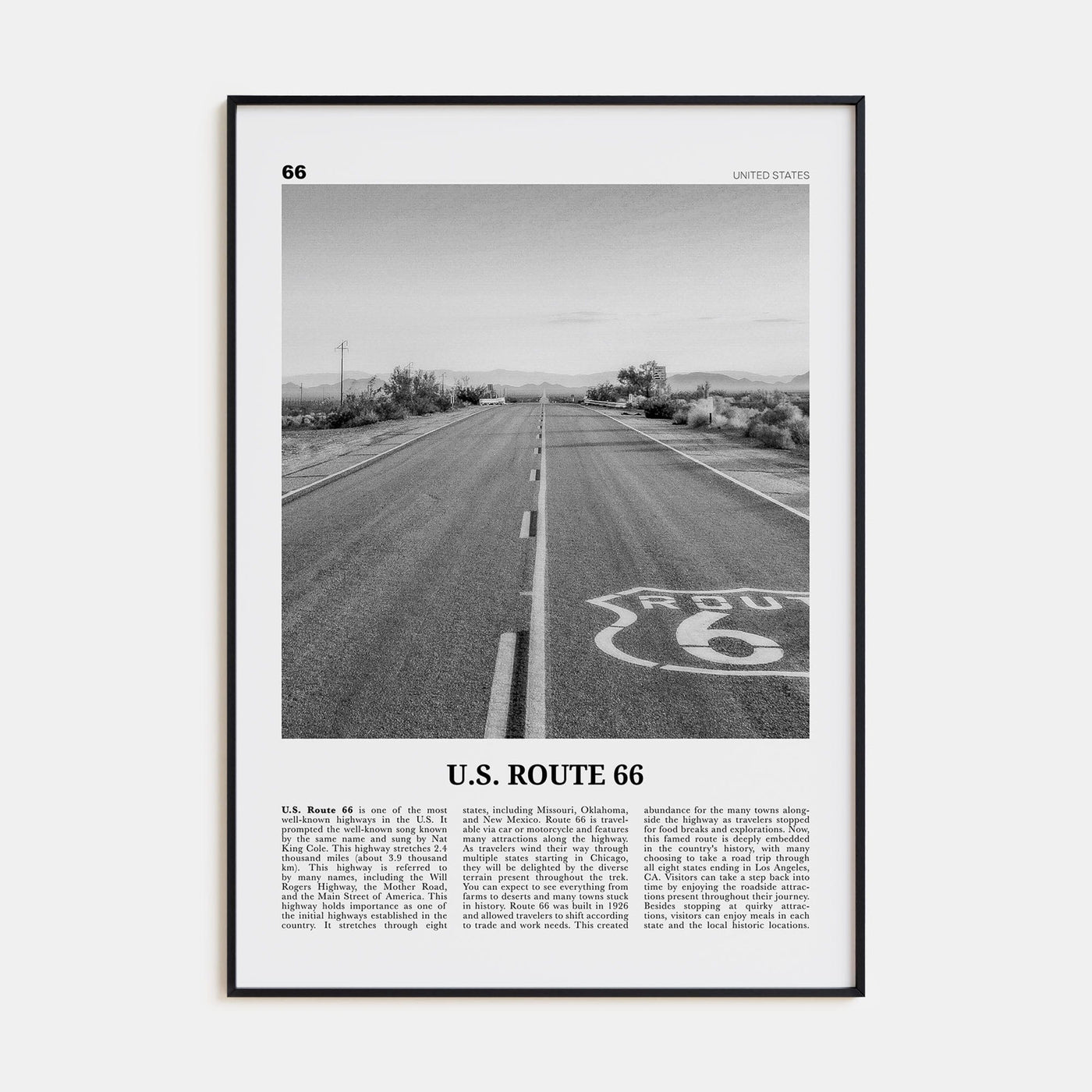 U.S. Route 66 Poster Black Metal / 8x12 in Nbourhood Travel B&W Poster