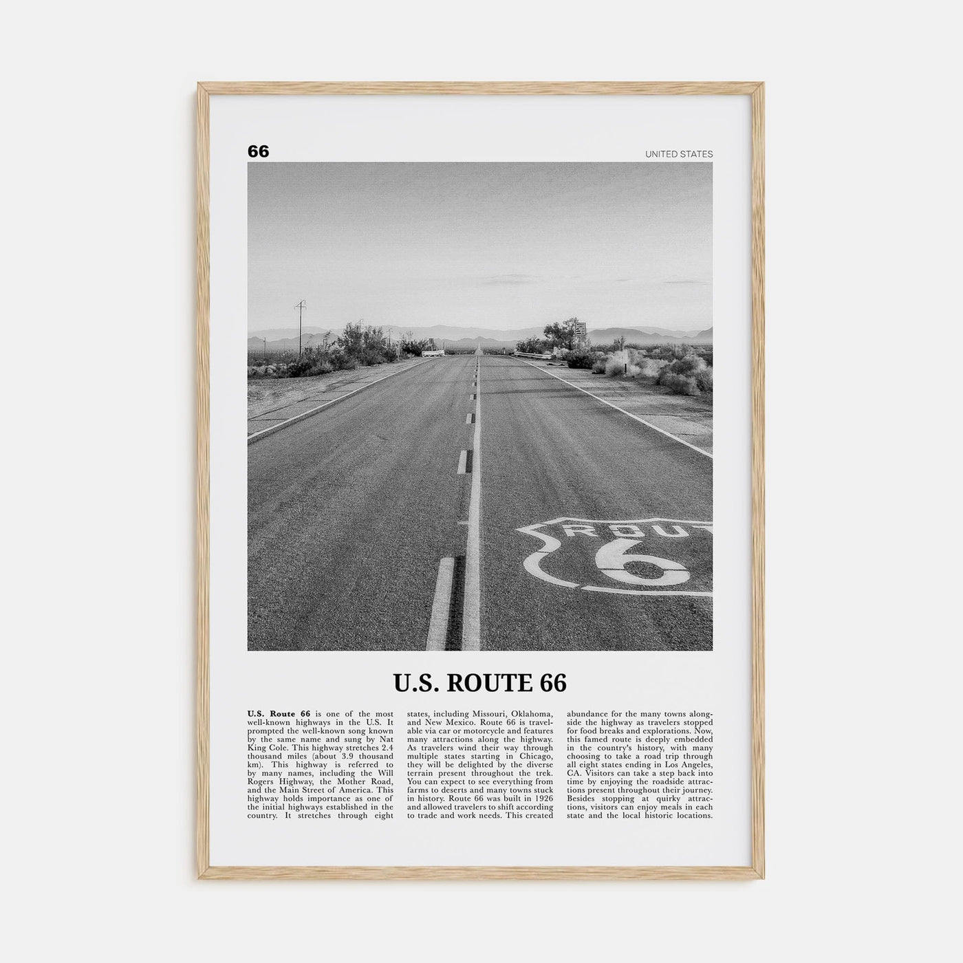 U.S. Route 66 Poster Natural Wood / 8x12 in Nbourhood Travel B&W Poster