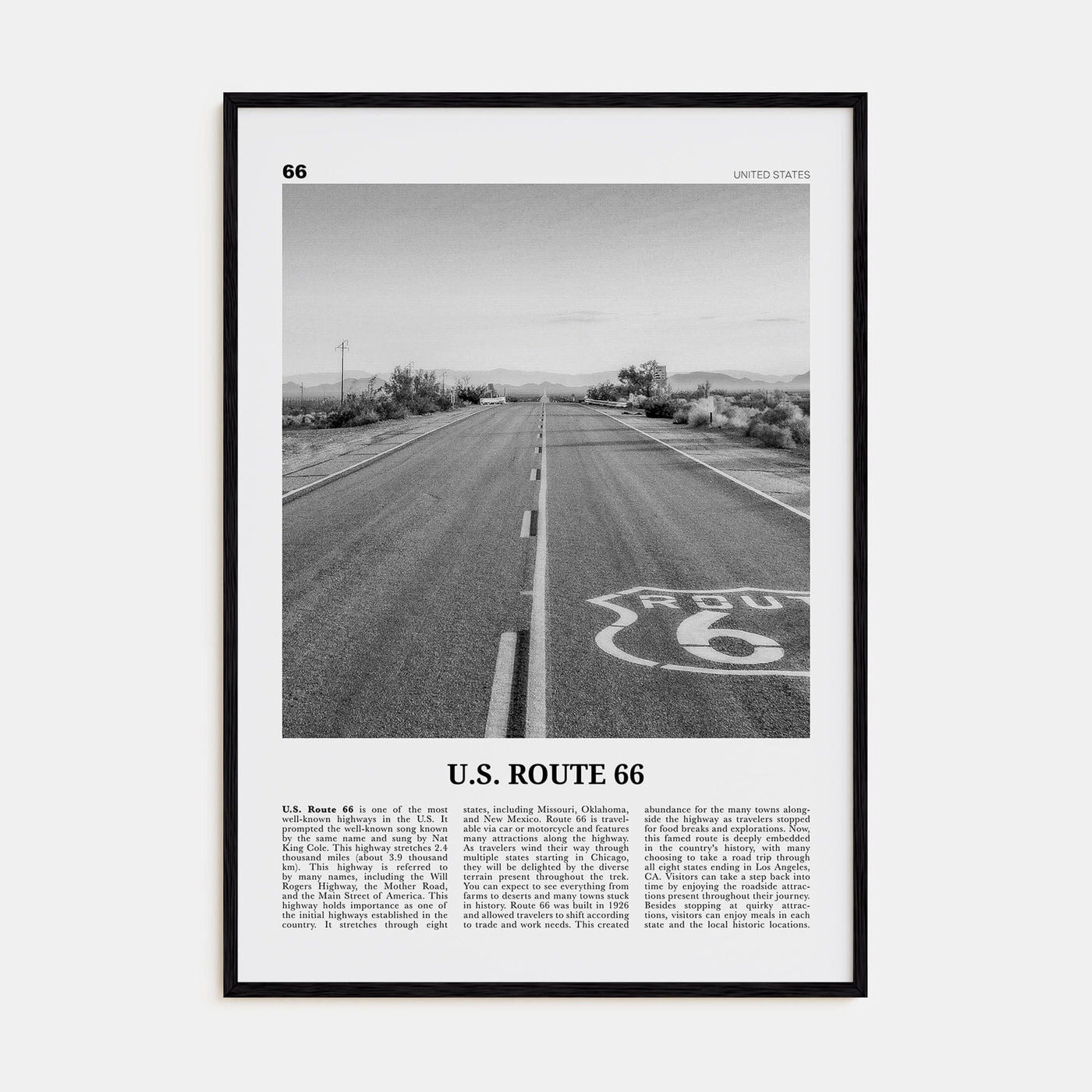 U.S. Route 66 Poster Black Wood / 8x12 in Nbourhood Travel B&W Poster