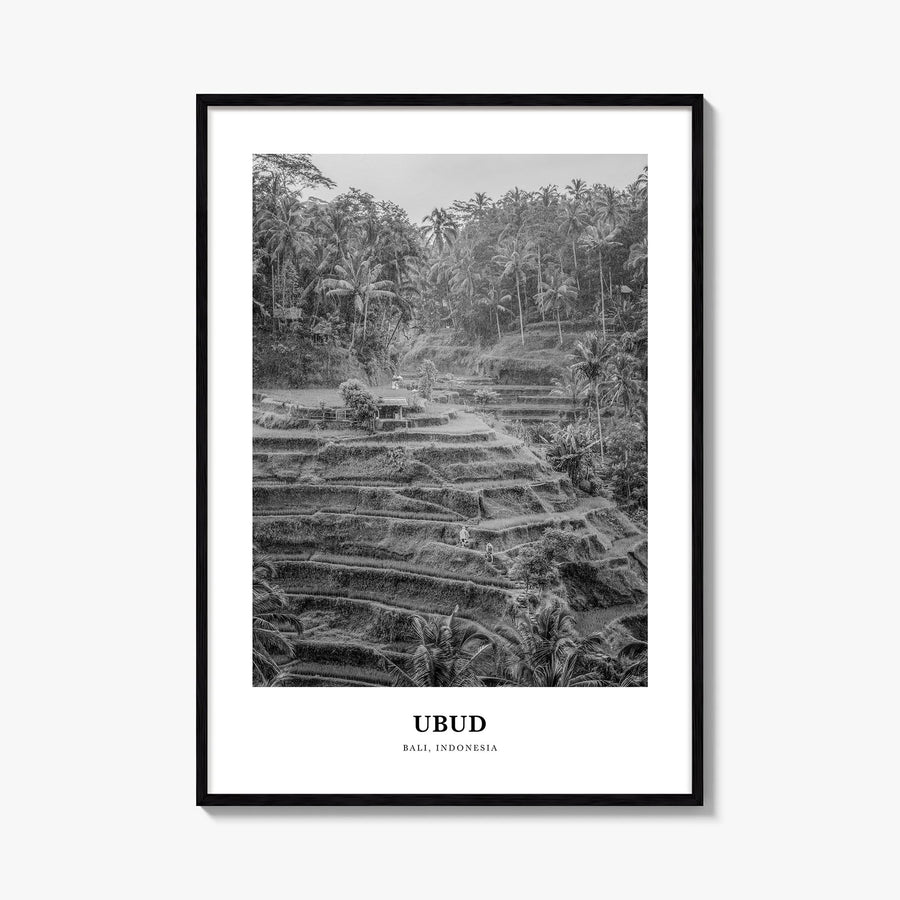 Ubud black & white classic poster of Bali, Indonesia – vertical wall art, unframed print shown in interior mockup