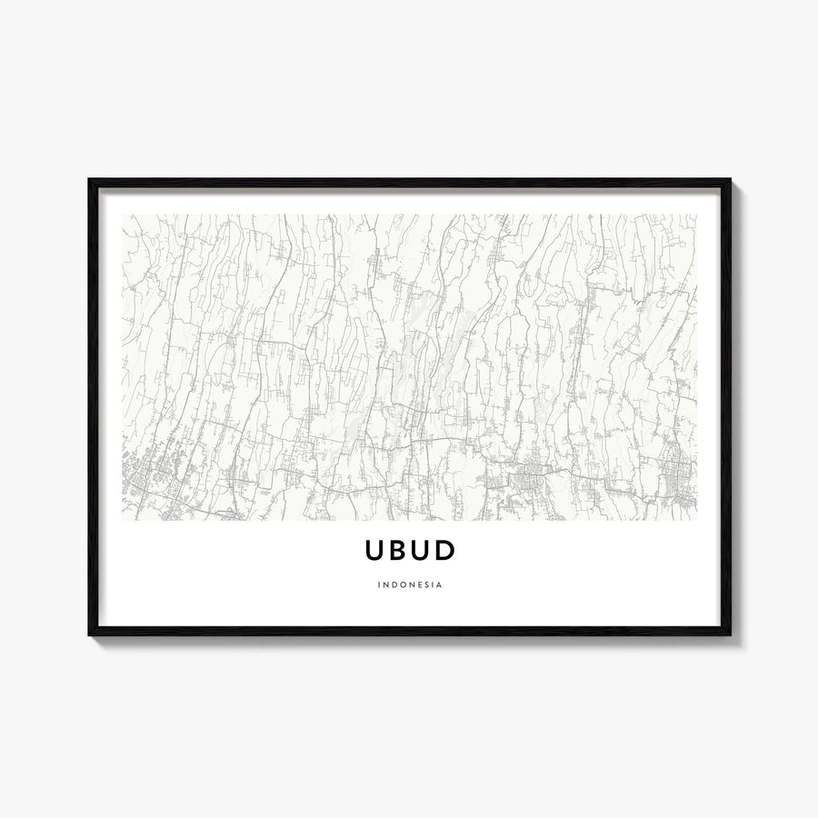 Ubud black & white map poster of Bali, Indonesia – horizontal wall art, unframed print shown in interior mockup