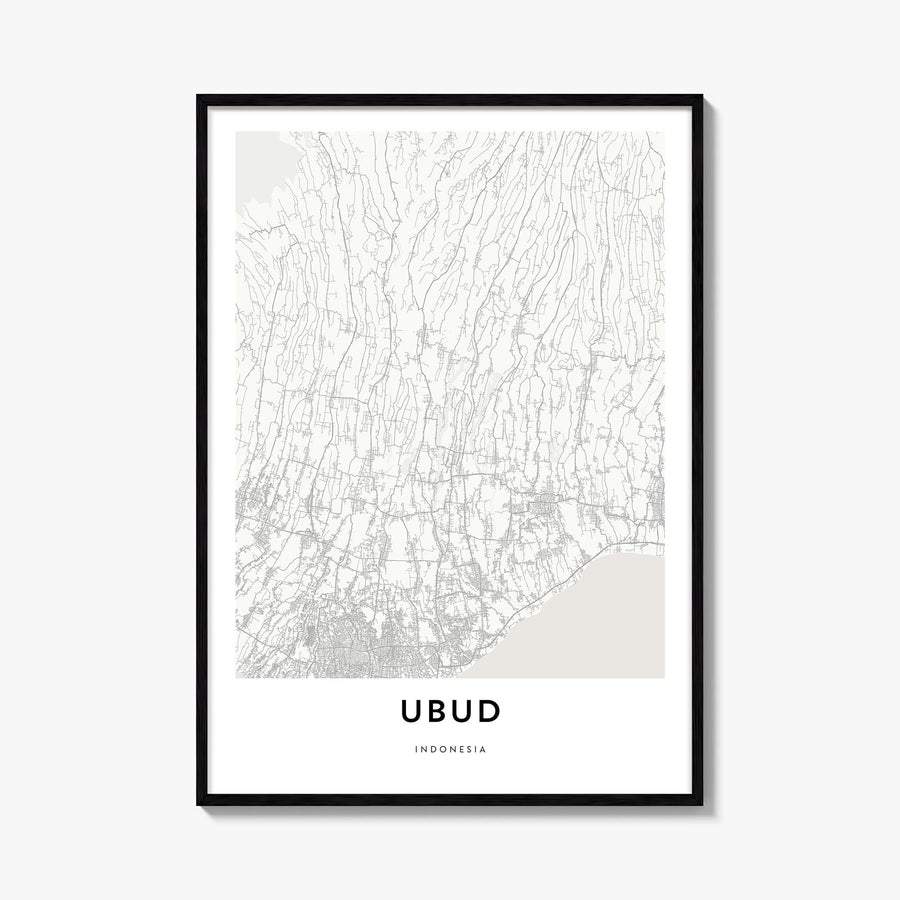 Ubud black & white map poster of Bali, Indonesia – vertical wall art, unframed print shown in interior mockup