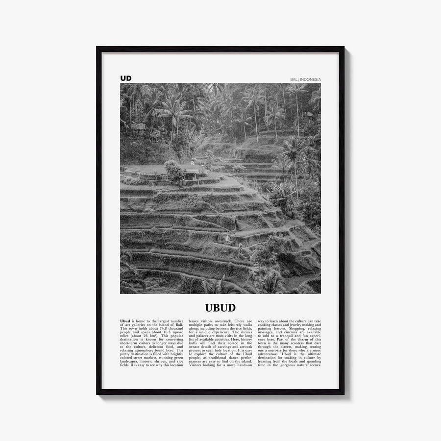 Ubud black & white newspaper poster of Bali, Indonesia – vertical wall art, unframed print shown in interior mockup