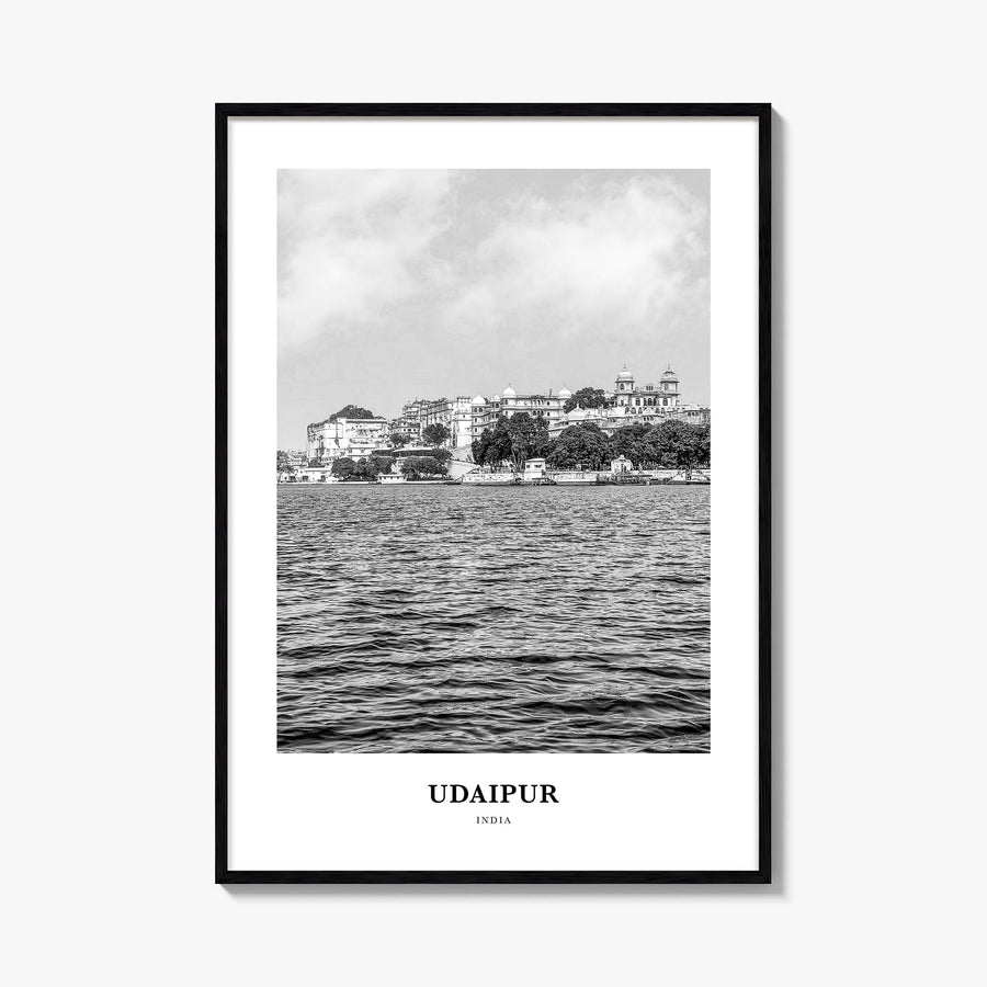 Udaipur black & white classic poster of India – vertical wall art, unframed print shown in interior mockup