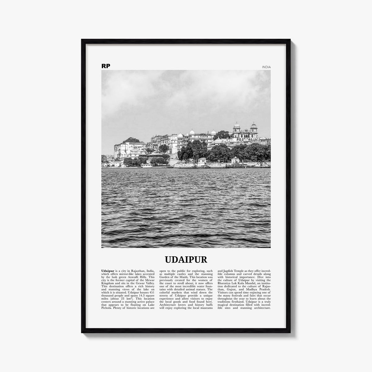 Udaipur black & white newspaper poster of India – vertical wall art, unframed print shown in interior mockup