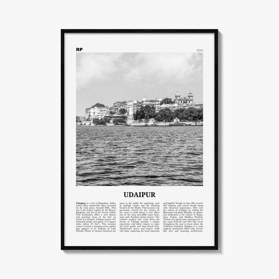 Udaipur black & white newspaper poster of India – vertical wall art, unframed print shown in interior mockup