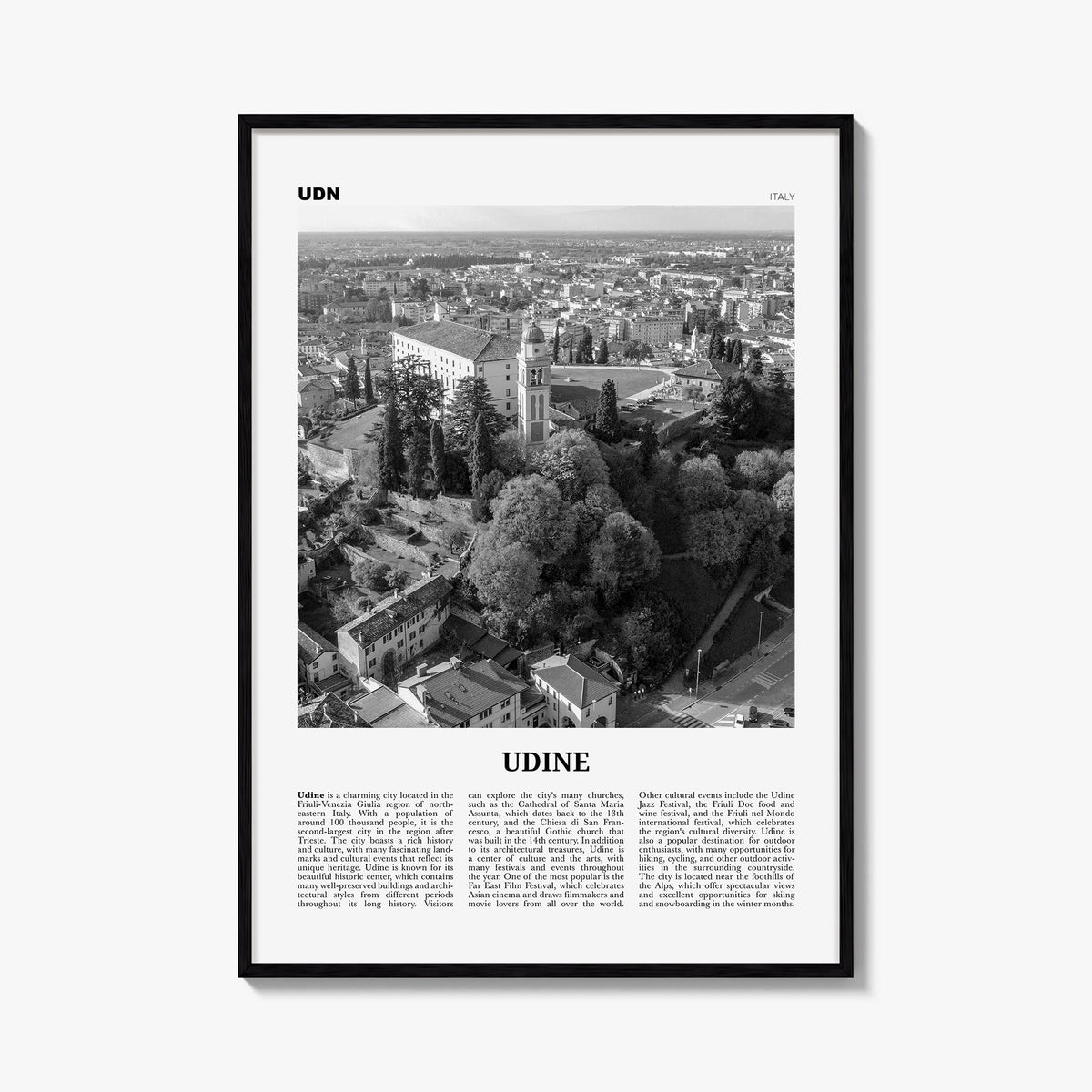 Udine black & white newspaper poster of Italy – vertical wall art, unframed print shown in interior mockup