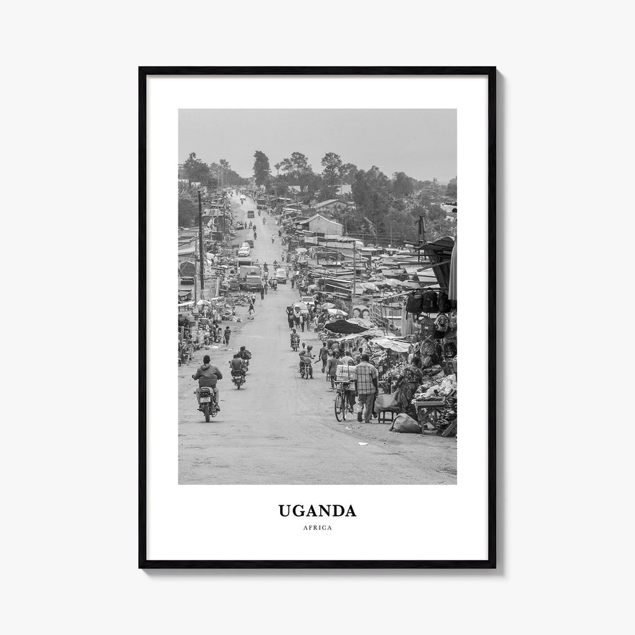 Uganda black & white classic poster of Africa – vertical wall art, unframed print shown in interior mockup