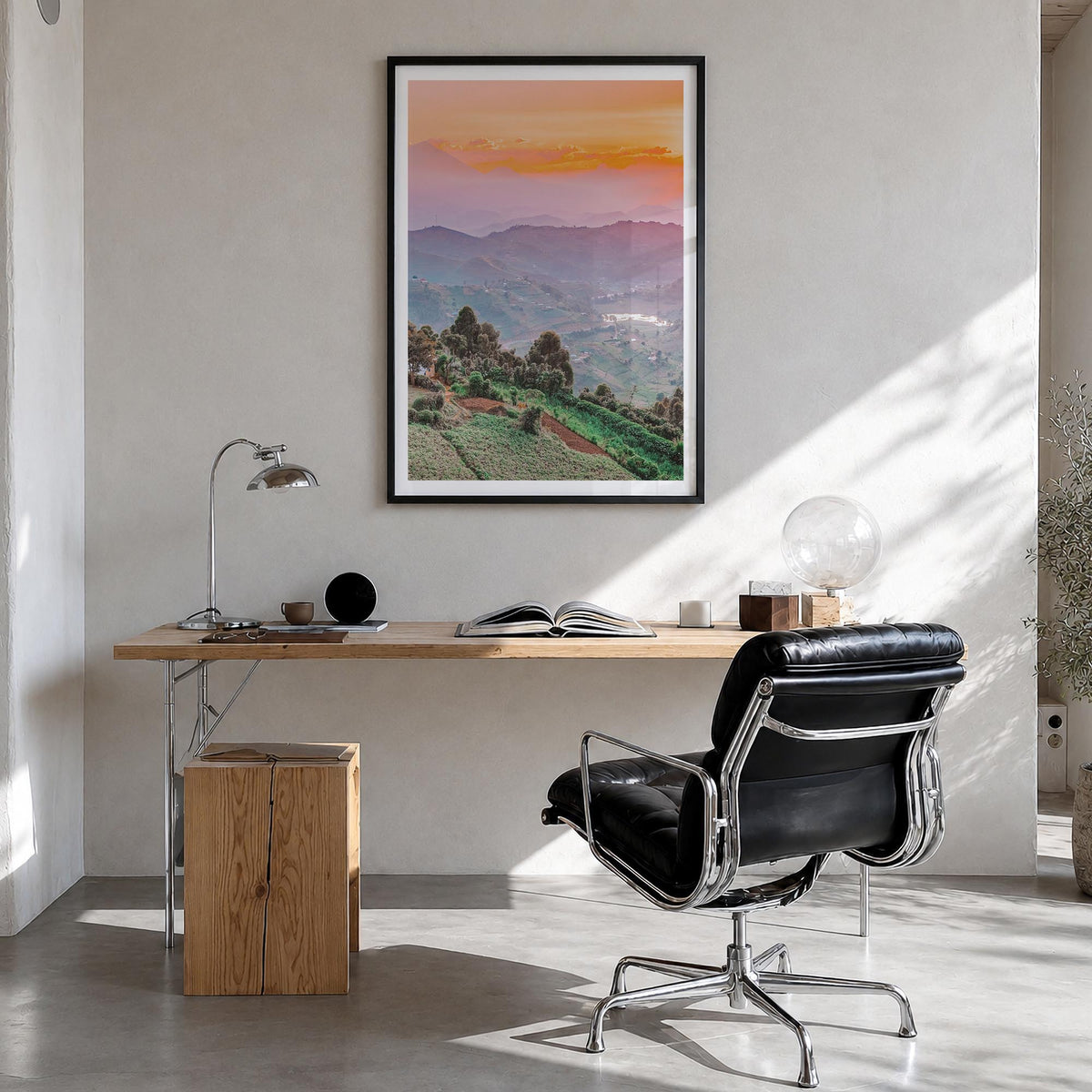 Uganda colorful photo poster of Africa – vertical wall art in black wood frame with white border, hanging on wall