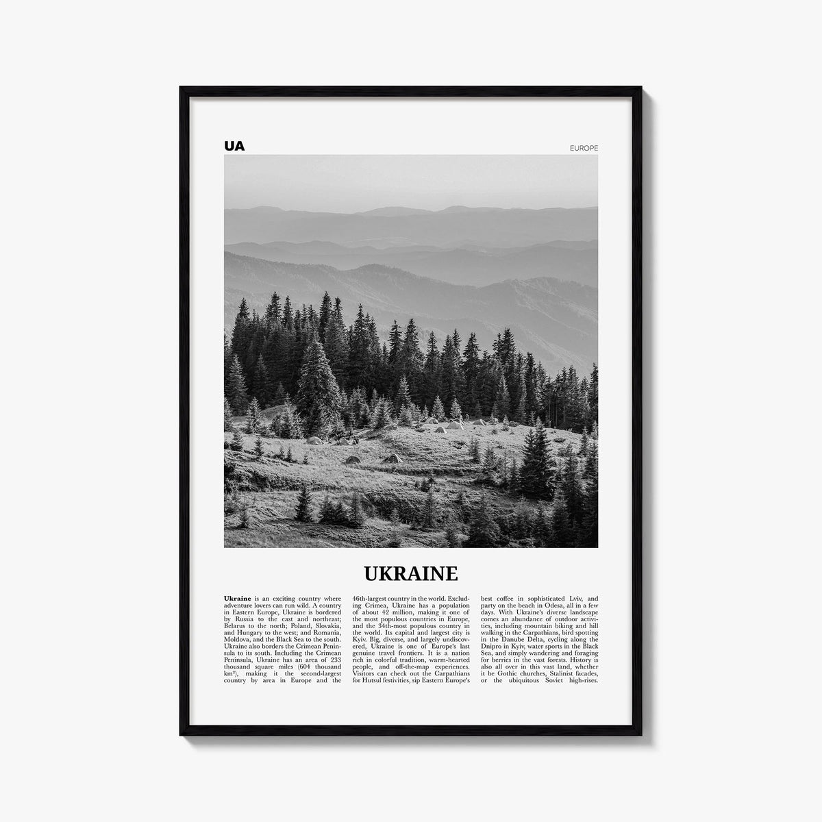 Ukraine no. 2 black & white newspaper poster of Europe – vertical wall art, unframed print shown in interior mockup
