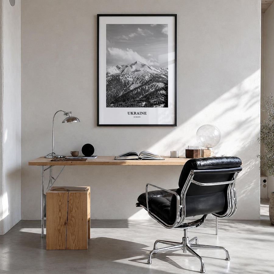 Ukraine no. 4 black & white classic poster of Europe – vertical wall art in black wood frame, hanging on wall