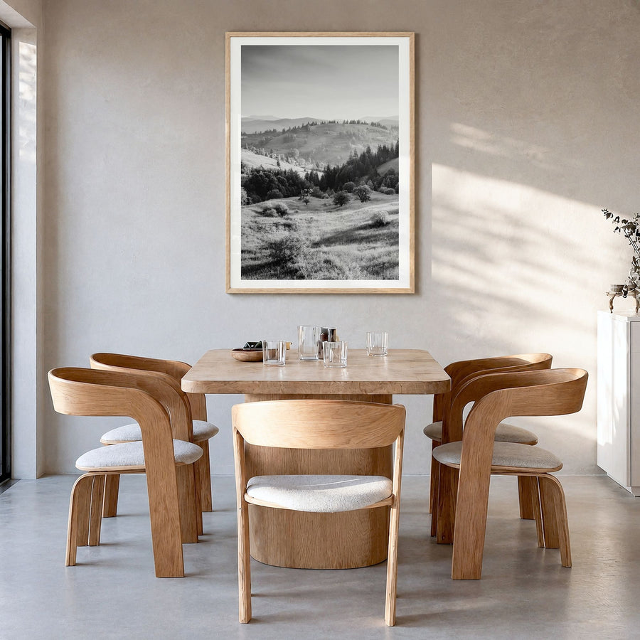 Ukraine Photo Poster in a natural wood frame, hanging in a dining room, white border