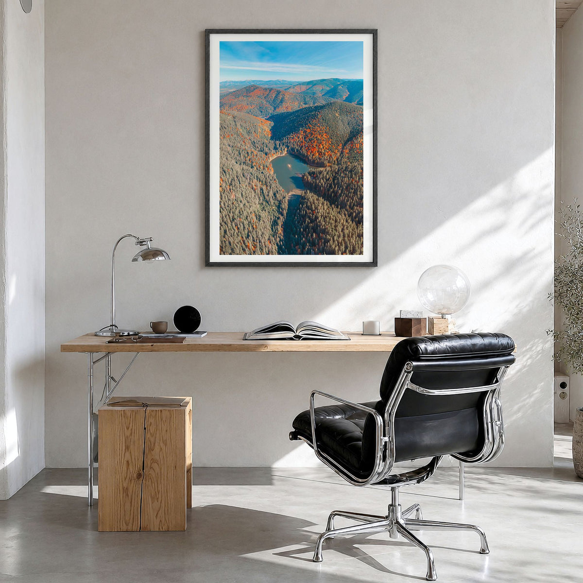 Ukraine Photo Poster in a black wood frame, hanging in a bright home office, white border