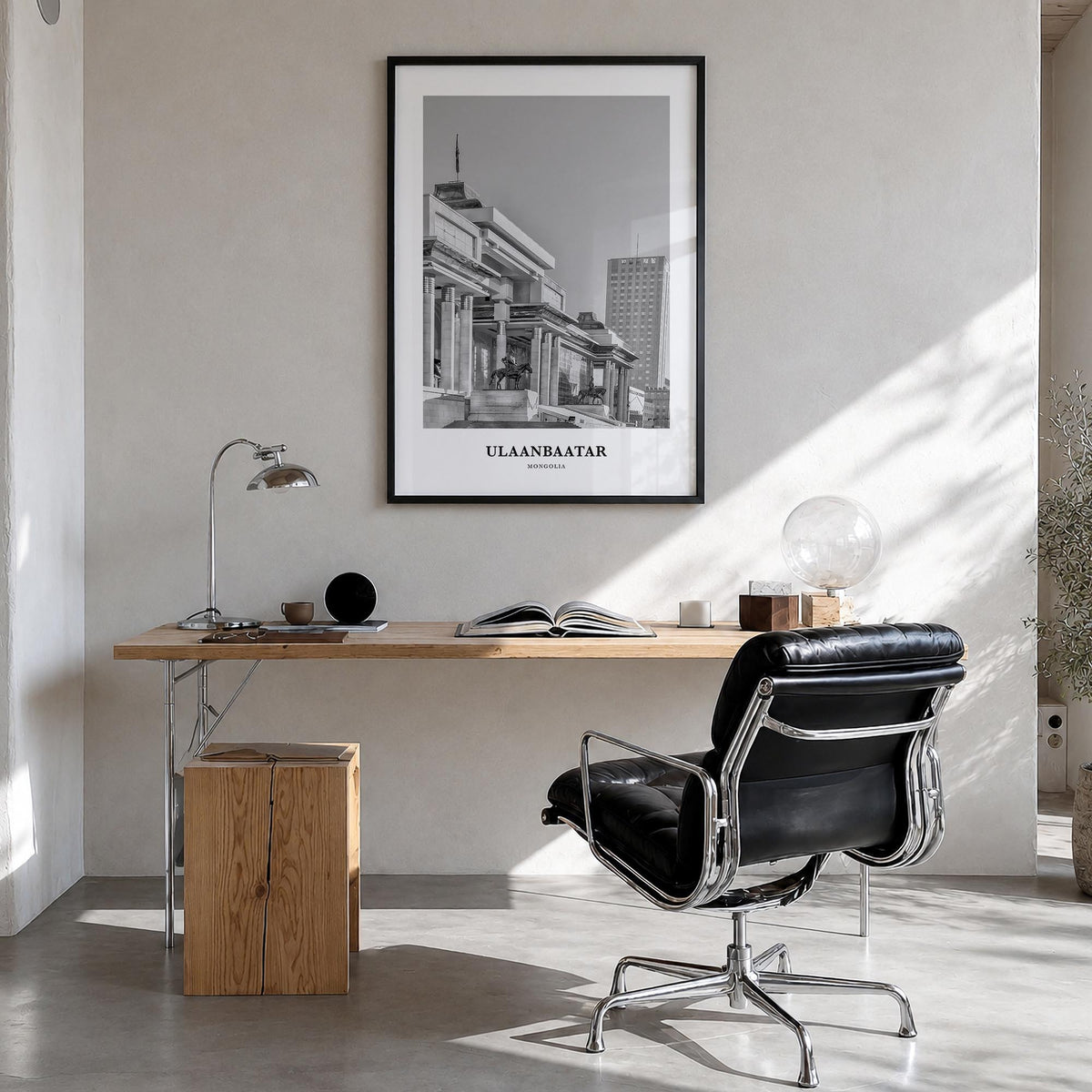 Ulaanbaatar black & white classic poster of Mongolia – vertical wall art in black wood frame, hanging on wall