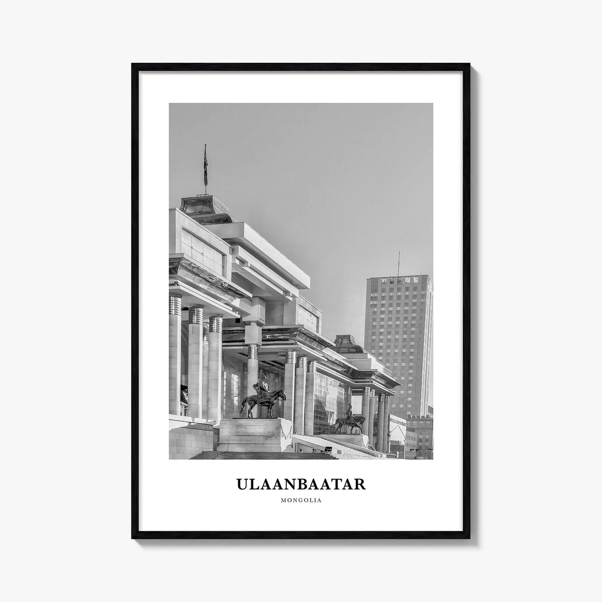 Ulaanbaatar black & white classic poster of Mongolia – vertical wall art, unframed print shown in interior mockup