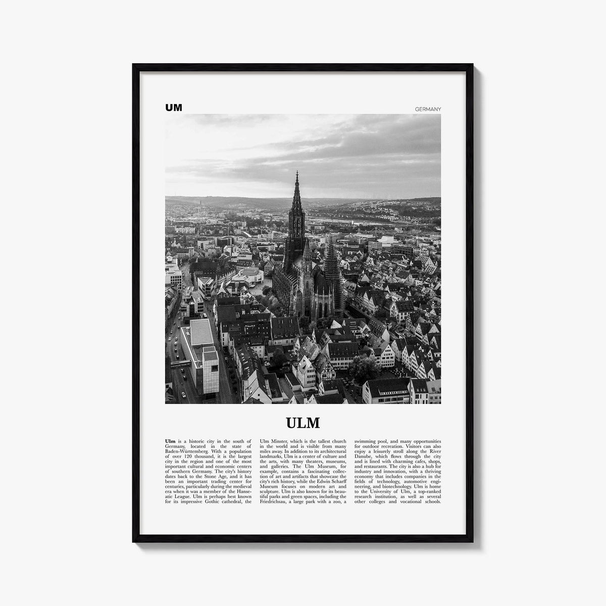 Ulm black & white newspaper poster of Germany – vertical wall art, unframed print shown in interior mockup