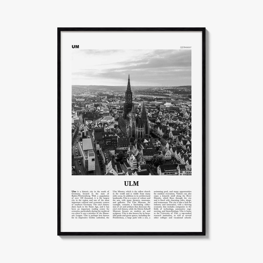 Ulm black & white newspaper poster of Germany – vertical wall art, unframed print shown in interior mockup