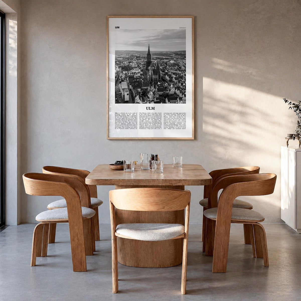 Ulm black & white newspaper poster of Germany – vertical wall art in natural wood frame, hanging on wall