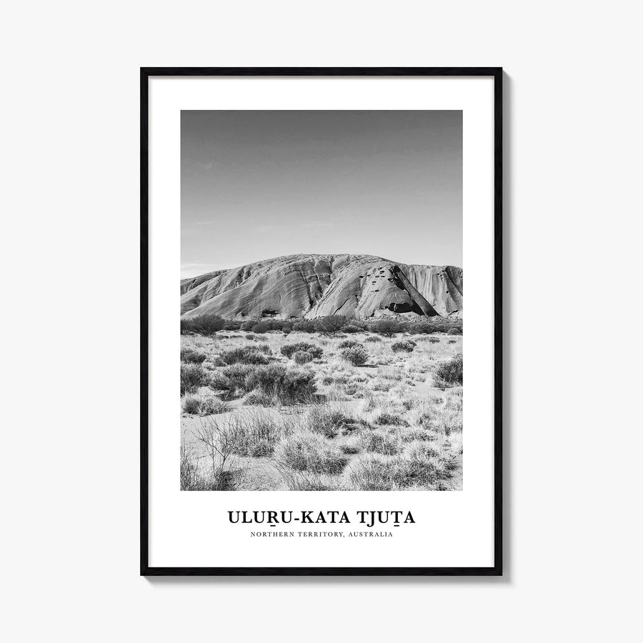 Uluru-Kata Tjuta black & white classic poster of Northern Territory, Australia – vertical wall art, unframed print shown in i
