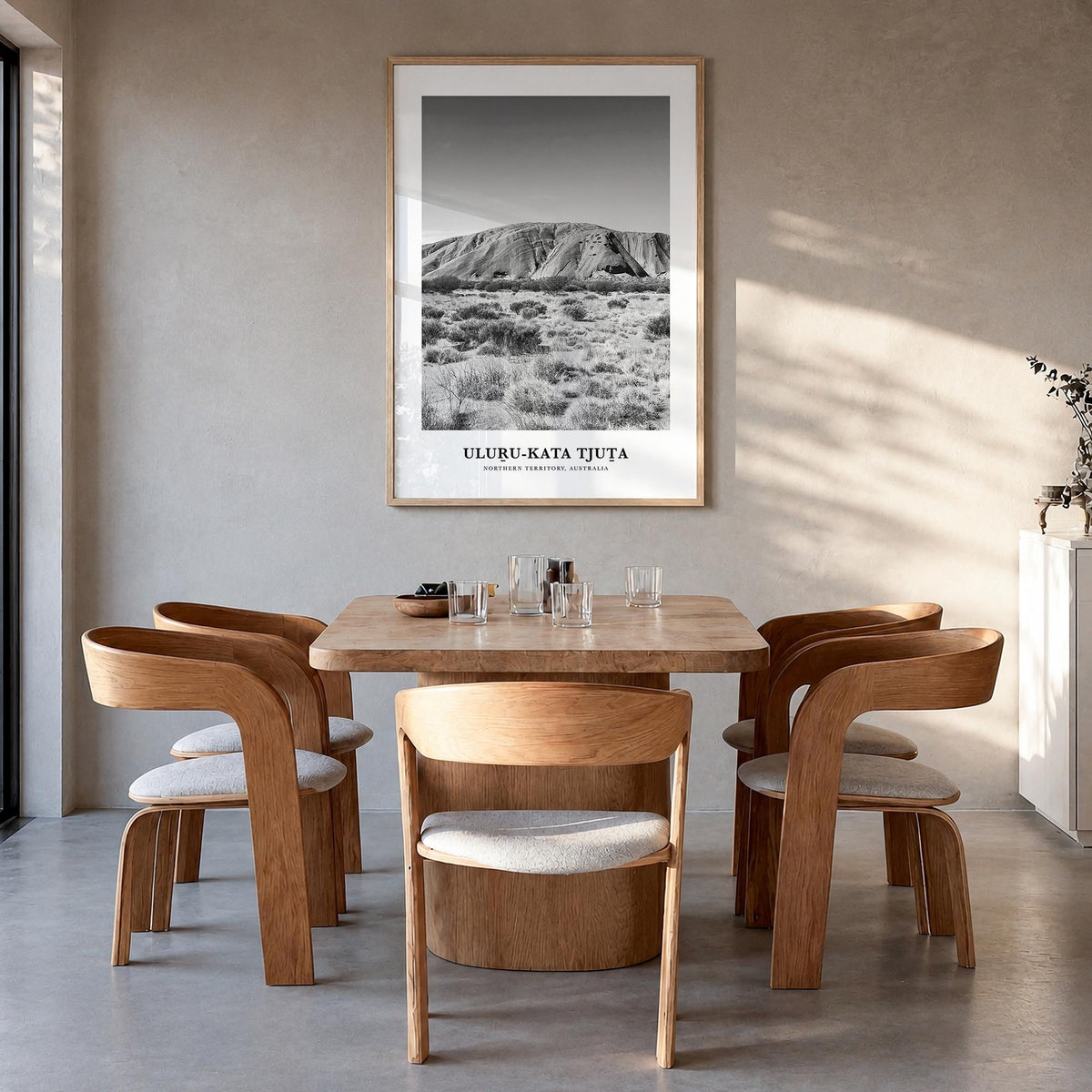 Uluru-Kata Tjuta black & white classic poster of Northern Territory, Australia – vertical wall art in natural wood frame, han