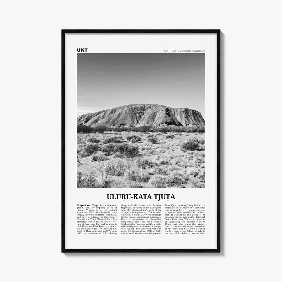 Uluru-Kata Tjuta black & white newspaper poster of Northern Territory, Australia – vertical wall art, unframed print shown in