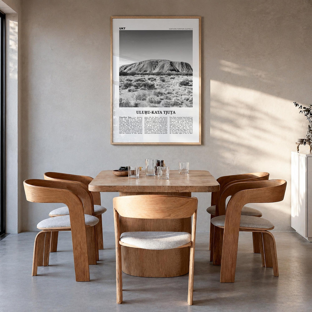 Uluru-Kata Tjuta black & white newspaper poster of Northern Territory, Australia – vertical wall art in natural wood frame, h