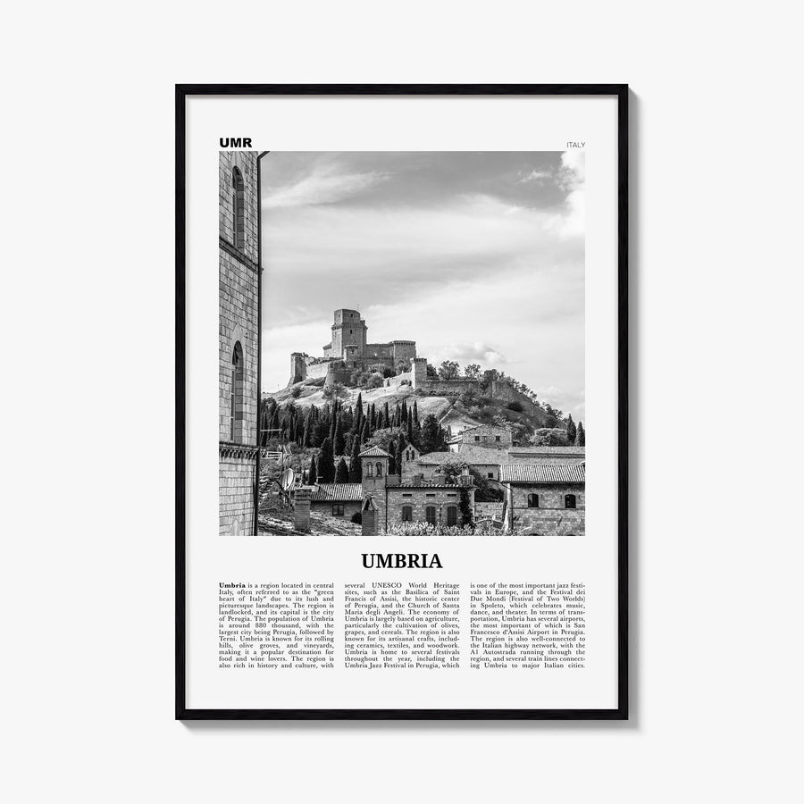 Umbria black & white newspaper poster of Italy – vertical wall art, unframed print shown in interior mockup