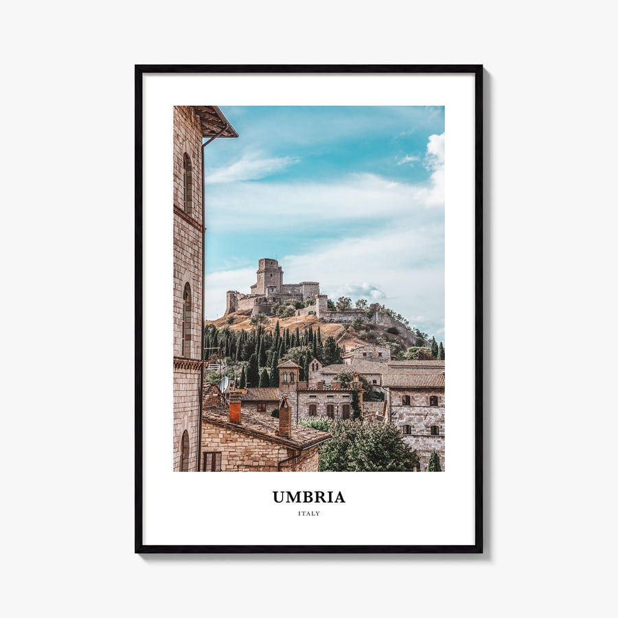 Umbria colorful classic poster of Italy – vertical wall art, unframed print shown in interior mockup