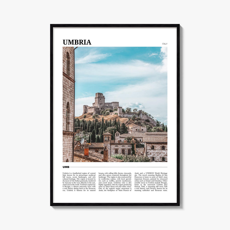 Umbria colorful travel poster of Italy – vertical wall art, unframed print shown in interior mockup