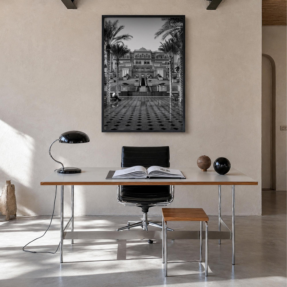 United Arab Emirates black & white photo poster of Middle East – vertical wall art in black wood frame, hanging on wall