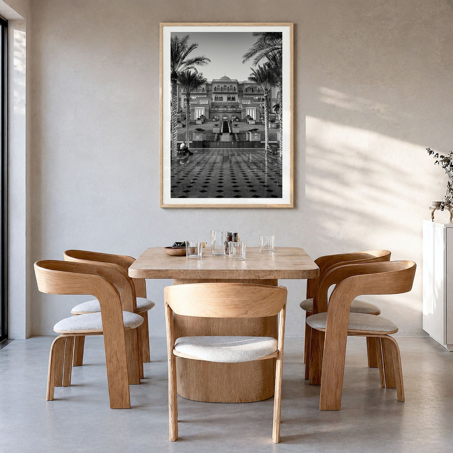 United Arab Emirates Photo Poster in a natural wood frame, hanging in a dining room, white border
