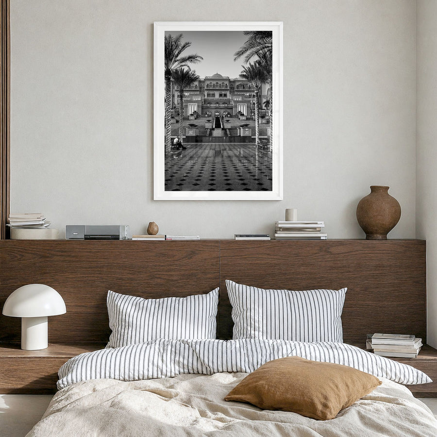 United Arab Emirates Photo Poster in a white wood frame, hanging in a bedroom, white border