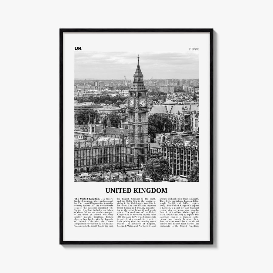 United Kingdom no. 1 black & white newspaper poster of Europe – vertical wall art, unframed print shown in interior mockup
