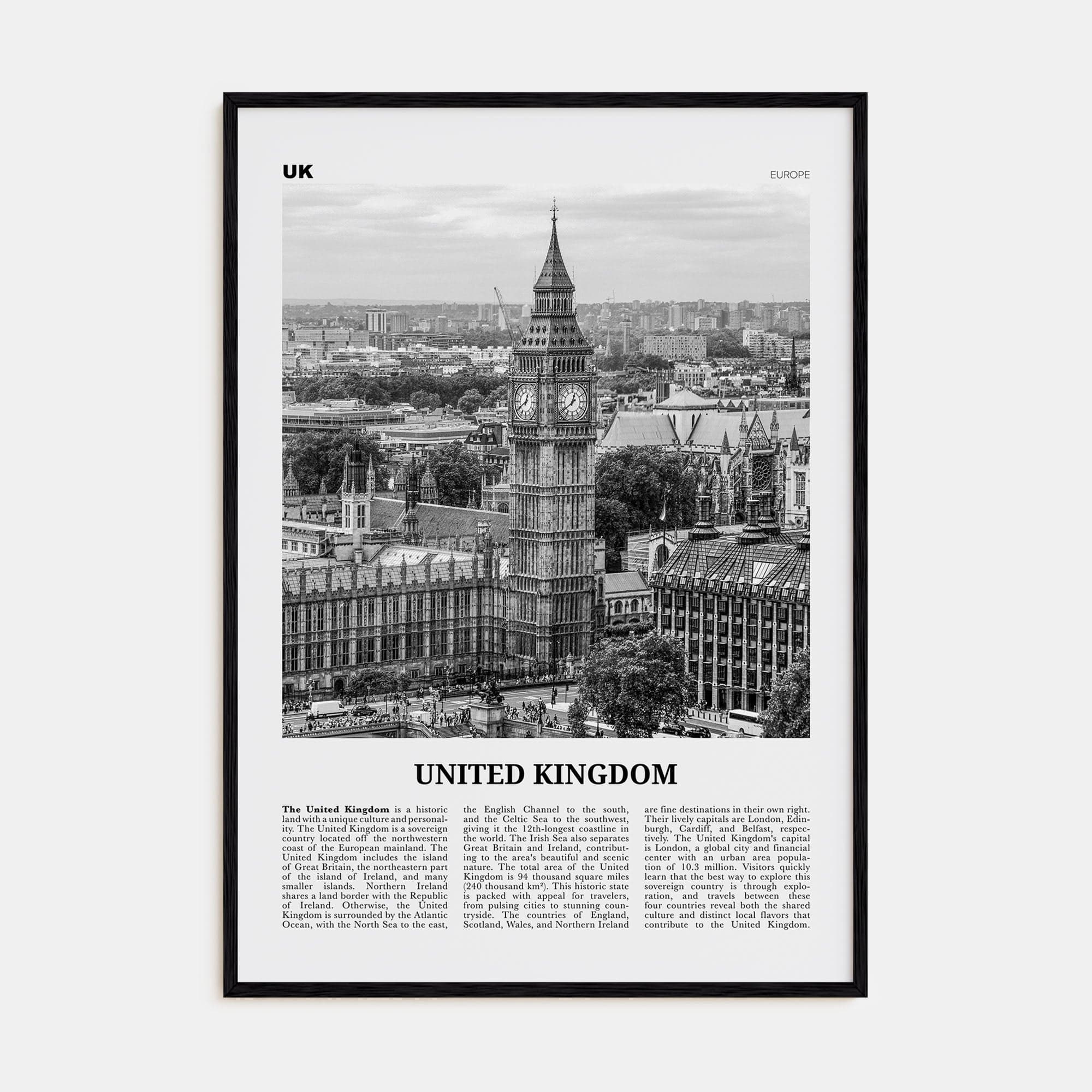 United Kingdom No 1 Poster Black Wood / 8x12 in Nbourhood Travel B&W Poster