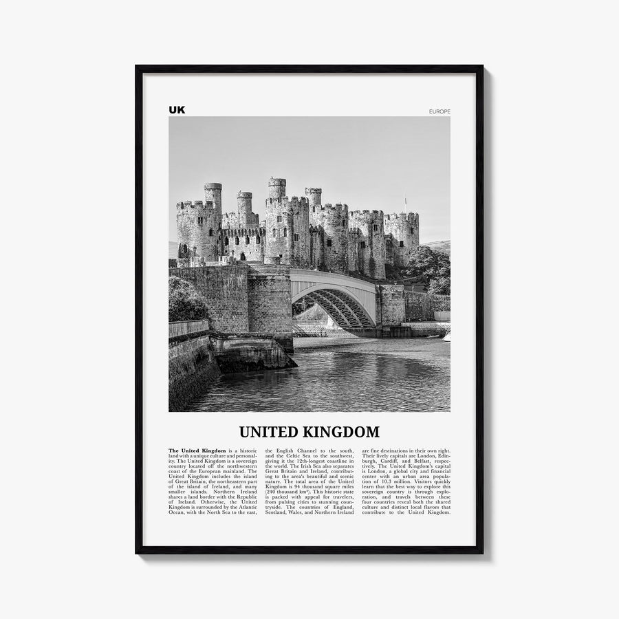 United Kingdom no. 2 black & white newspaper poster of Europe – vertical wall art, unframed print shown in interior mockup