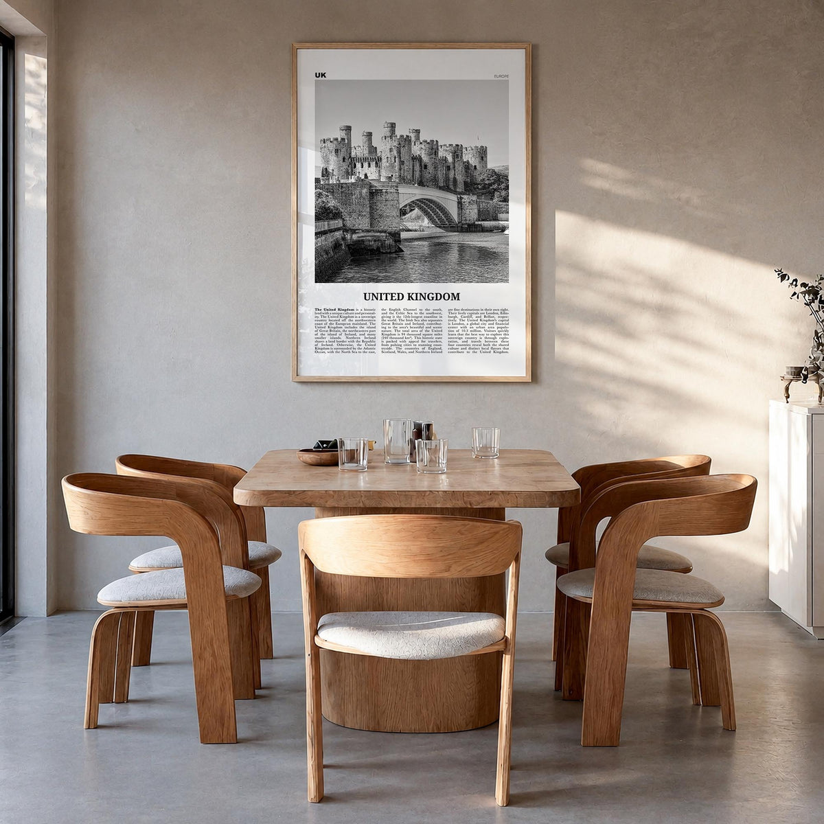 United Kingdom no. 2 black & white newspaper poster of Europe – vertical wall art in natural wood frame, hanging on wall