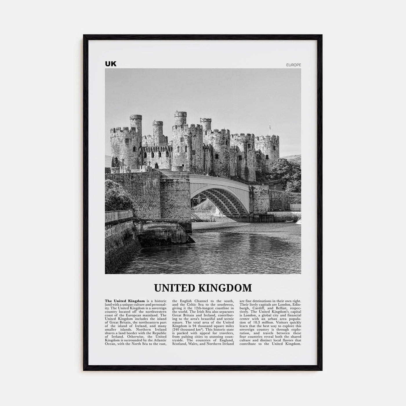 United Kingdom No 2 Poster Black Wood / 8x12 in Nbourhood Travel B&W Poster