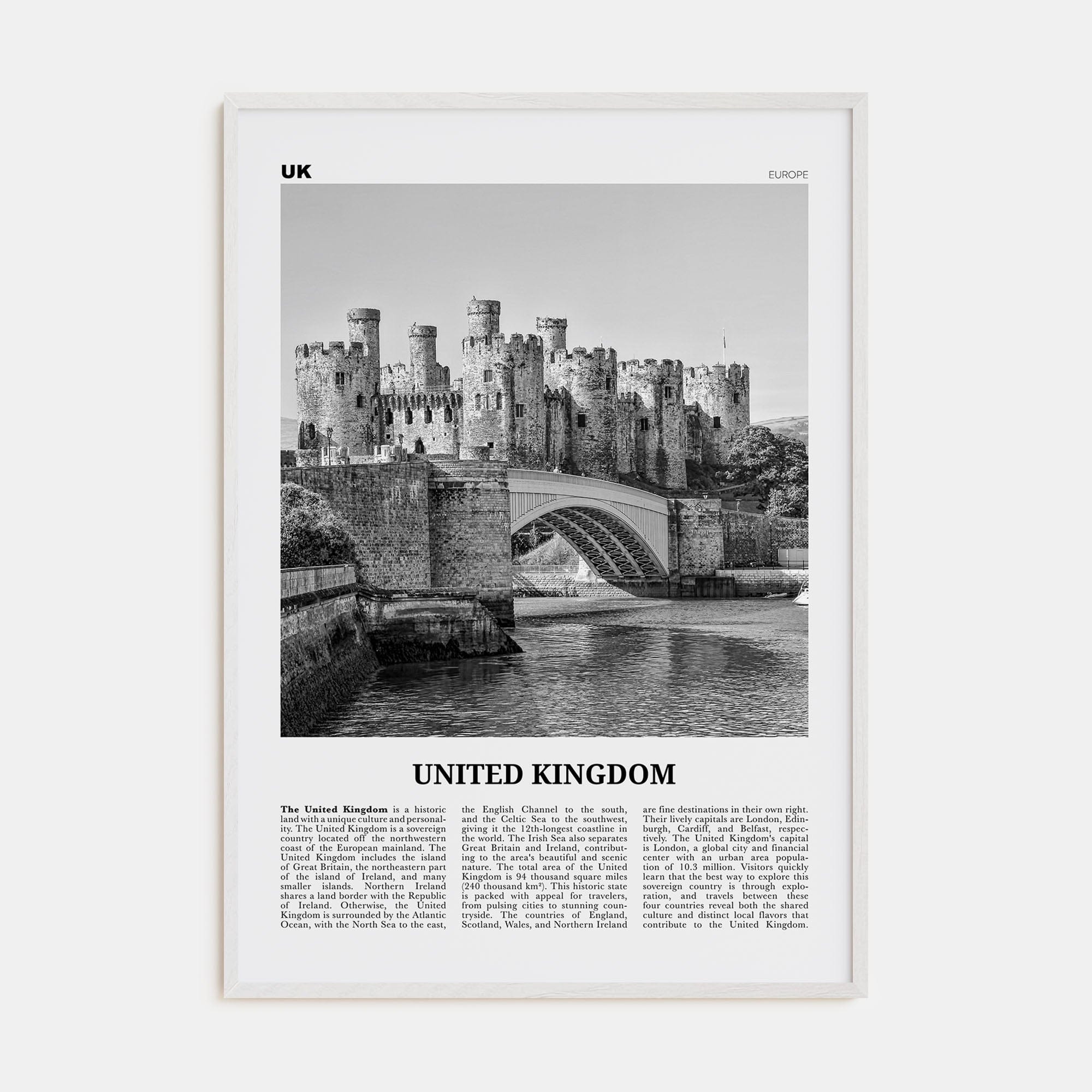 United Kingdom No 2 Poster White Wood / 8x12 in Nbourhood Travel B&W Poster