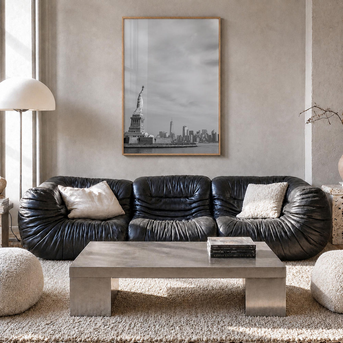 United States of America black & white photo poster of North America – vertical wall art in natural wood frame, hanging on wa