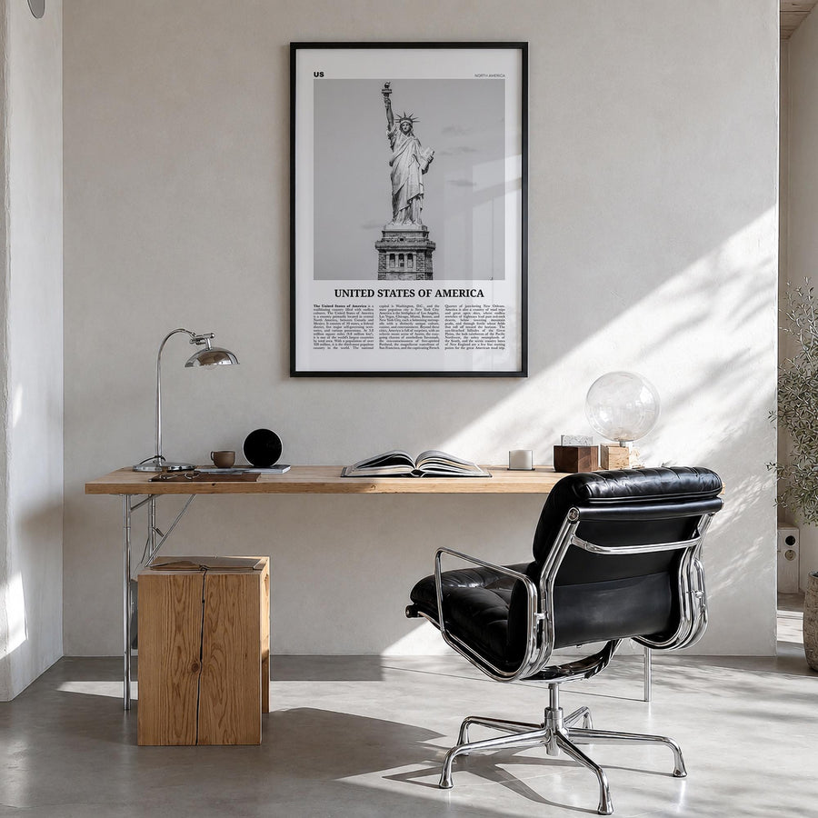 United States of America no. 1 black & white newspaper poster of North America – vertical wall art in black wood frame, hangi