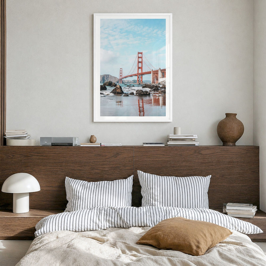 United States of America Photo Poster in a white wood frame, hanging in a bedroom, white border
