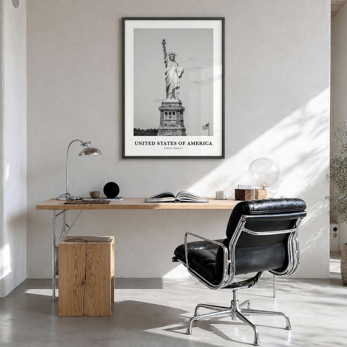 United States of America Classic No 1 Poster in a black wood frame, hanging in a bright home office