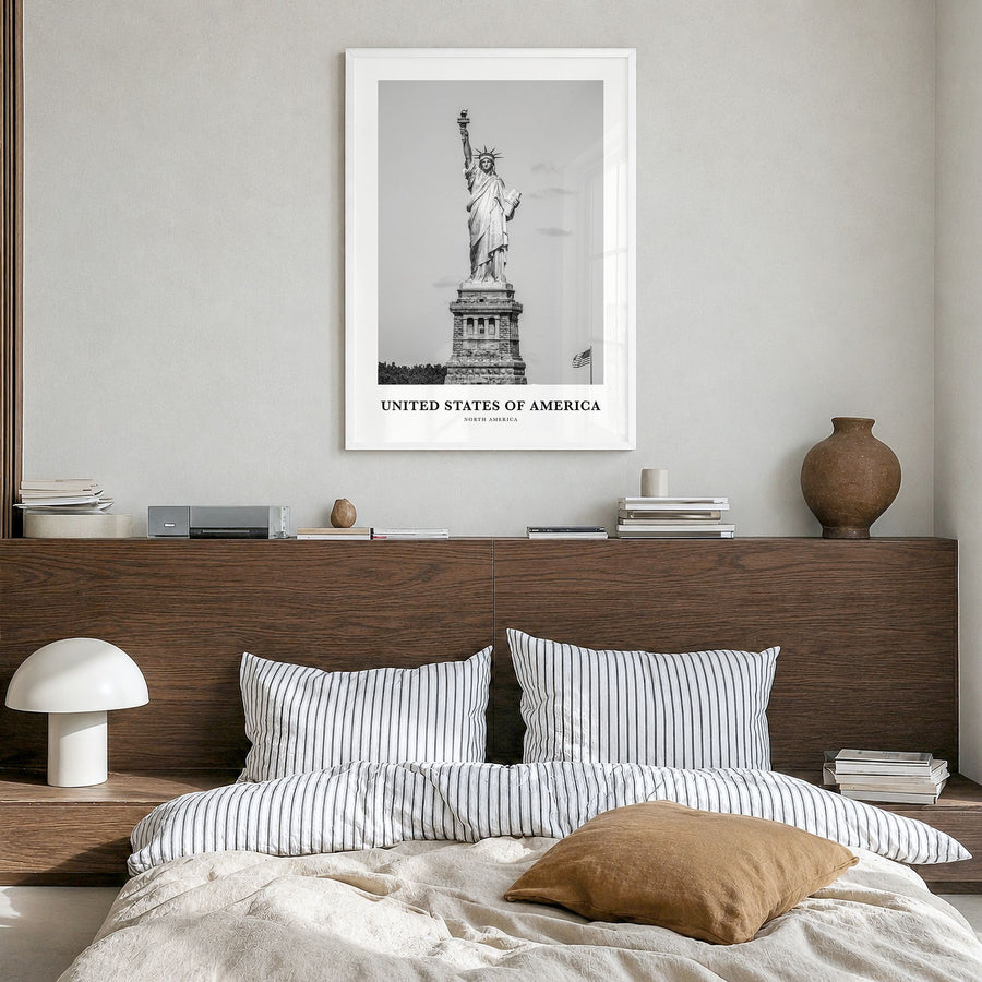United States of America Classic No 1 Poster in a white wood frame, hanging in a bedroom